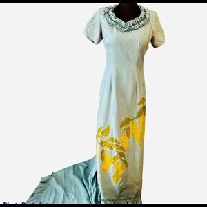 Handmade Island Unique Sage Gold Tropical Feminine Floral Ruffle Gown Dress S